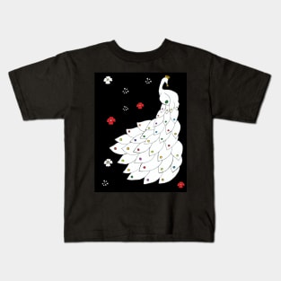 White Peacock with Flowers in a Black Background Kids T-Shirt